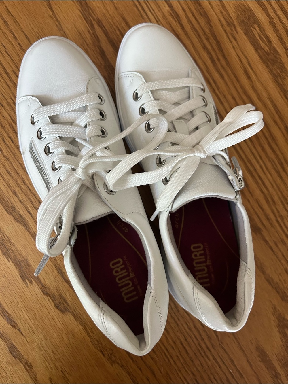 Munro White Leather Lace-Up Sneaker with Side Zipper